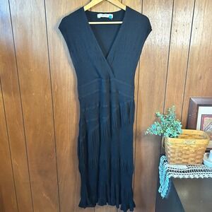 Sparrow Black Dress Ribbed Knit Sleeveless V‎ Neck Midi Cotton Blend Large